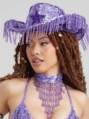 Purple Sequin Fringe Cowboy Hat & Matching Choker Set